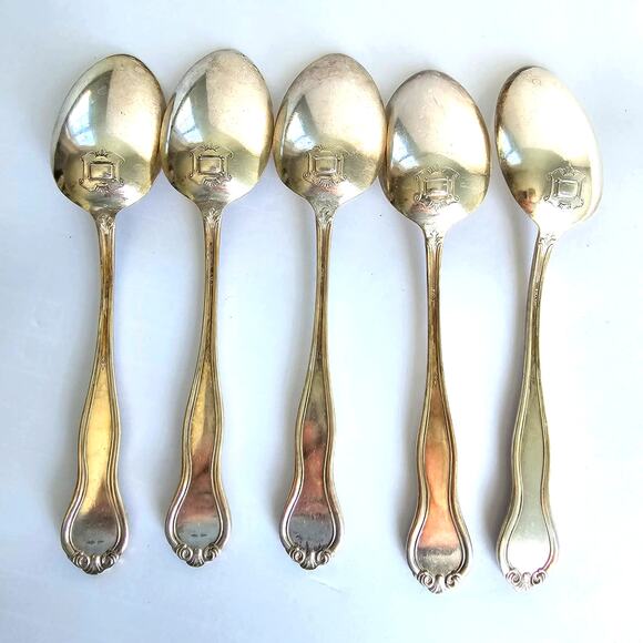 Antique Silver Plate Tablespoons 5 Monogramed Scroll Motif Unmarked Gilded Age - Picture 2 of 8